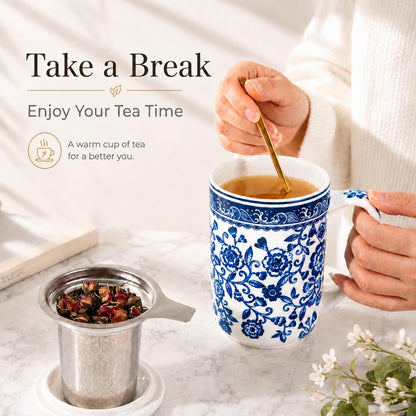 AmorArc Tea Cup With Infuser and Lid, 18oz Loose Leaf Tea Mug With Steeper | Porcelain Tea Mug With Infuser and Lid, Large Strainer Tea Cup with Lid for Tea, Coffee Mug for House-warming Birthday Gift