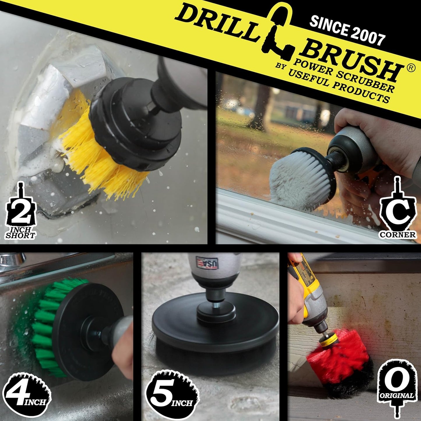 Drillbrush Multipurpose Cleaning Brush Set - Grout, Tile, Shower, Brick | Drill Brush Attachments for Cleaning Car Seats, Stone, Fiberglass, Griddles, and More - Truck/Car Detailing Drill Attachment