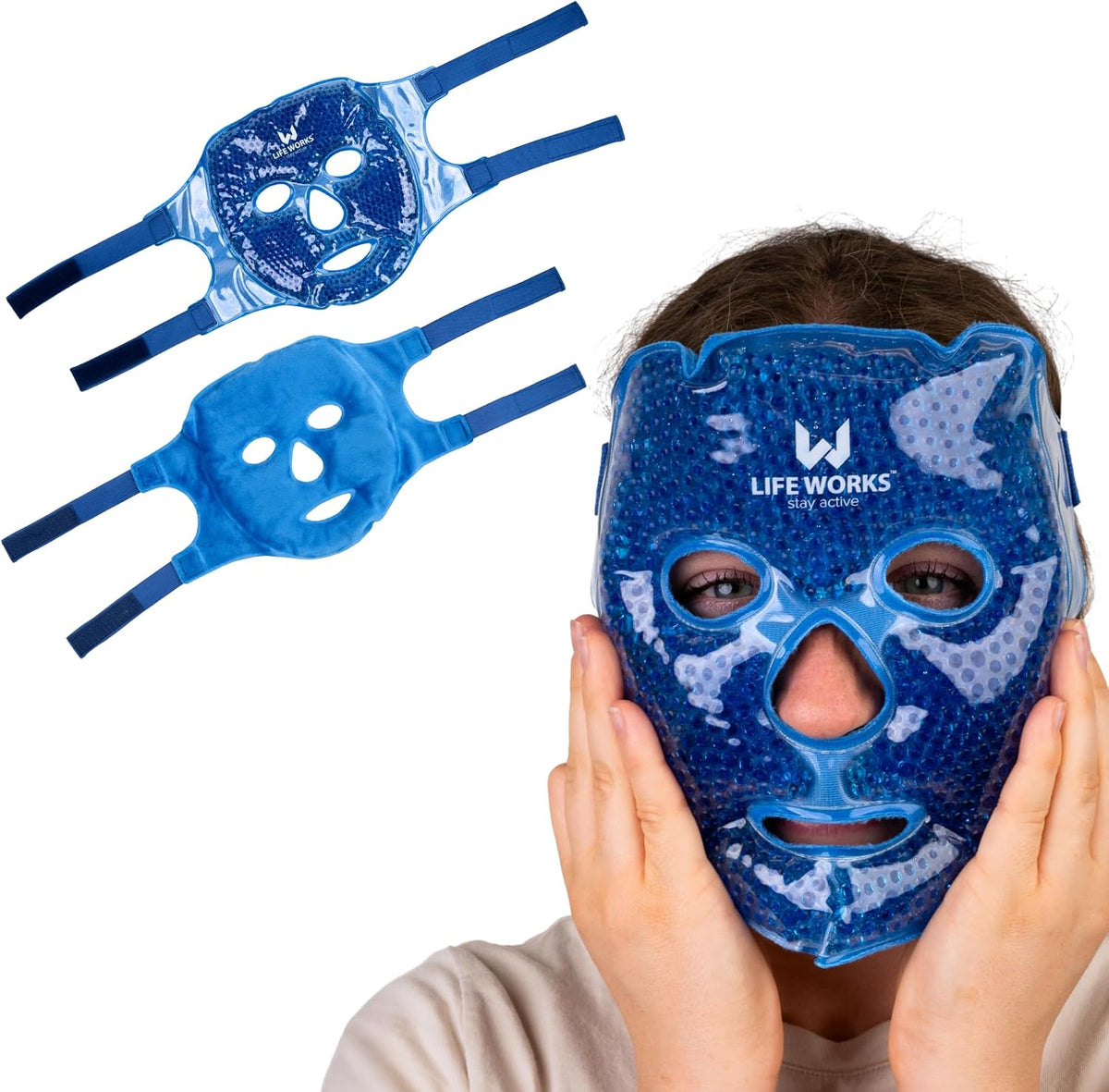 LIFE WORKS Gel Bead Face Mask, Eye Ice Pack, Cooling, Cold, Puffy, Blue