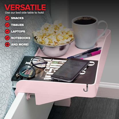 Modern Innovations Bedside Shelf for Bed, College Dorm Room, Bunk Bed Shelf/Caddy for Top Bunk, Clip On Nightstand Tray with Cord and Cup Holder for Table Storage (Black)