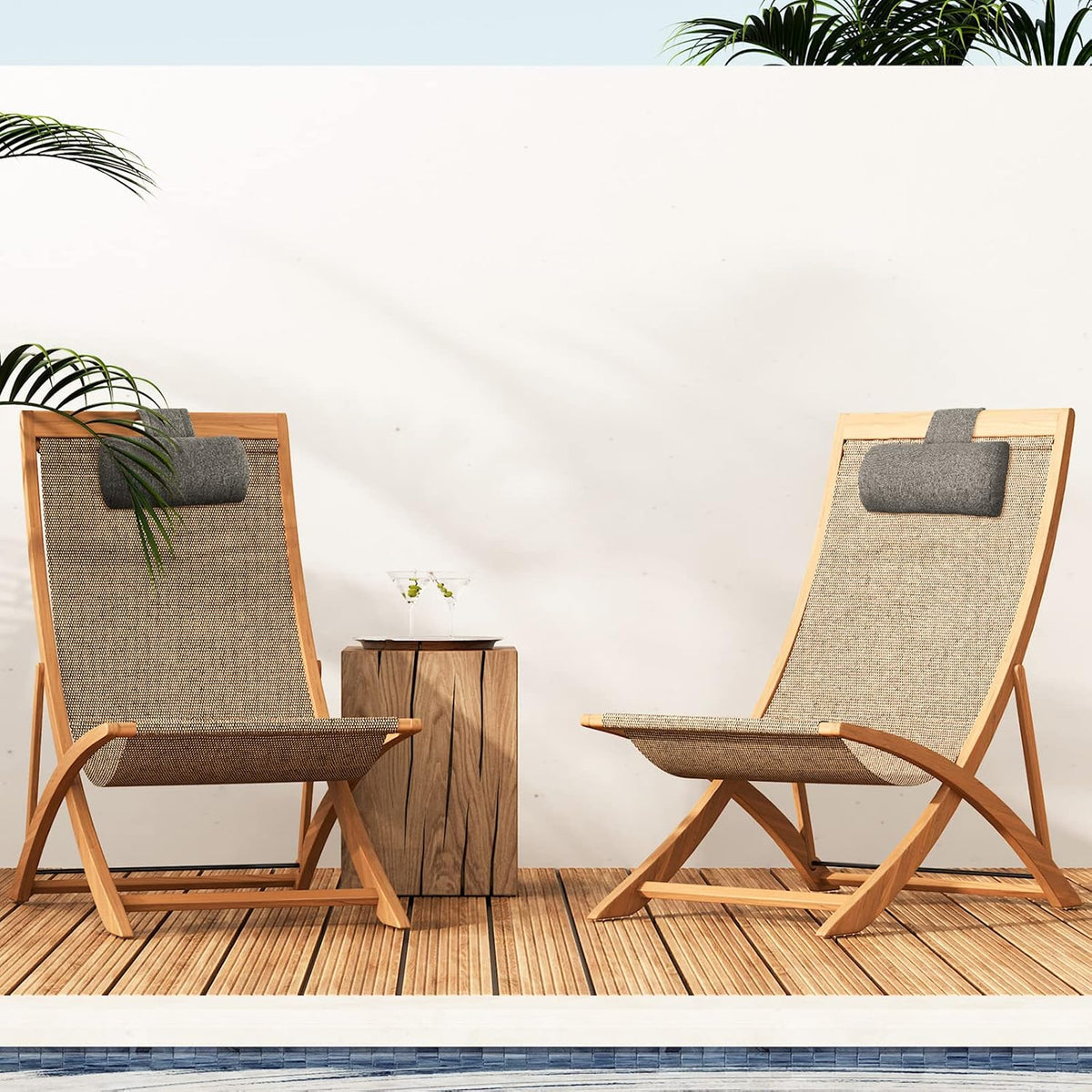 Marsui 2 Pcs Chaise Lounge Headrest Pillow Beach Chair Pillow for Adult Outdoor All Weather Patio Swim Pool Sunbathing Recliner Neck Rest Cushion Supplies with Non Slip Weighted Tail(Dark Grey)
