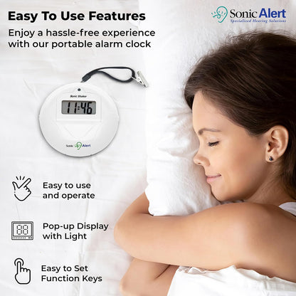 Sonic Alert Digital Alarm Clock - Travel Alarm Clock for Heavy Sleepers - Bed Shaker Alarm Clock - Vibrating Alarm Clock Under Pillow - Battery Operated – White