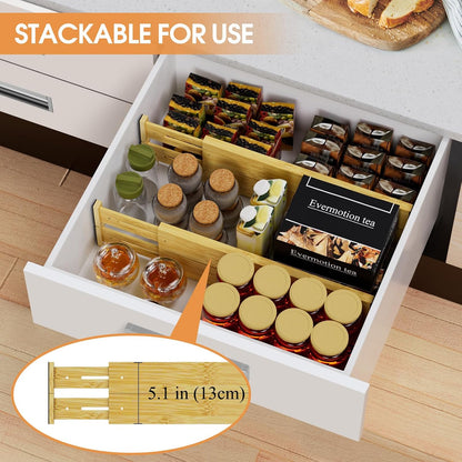 Bamboo Drawer Dividers, Adjustable Drawer Organizers, Fits 12.6–16" Drawers | 2.5" High, 4 Pack Expandable Drawer Separators for Kitchen, Nursery, Dressers & Office Storage, Natural
