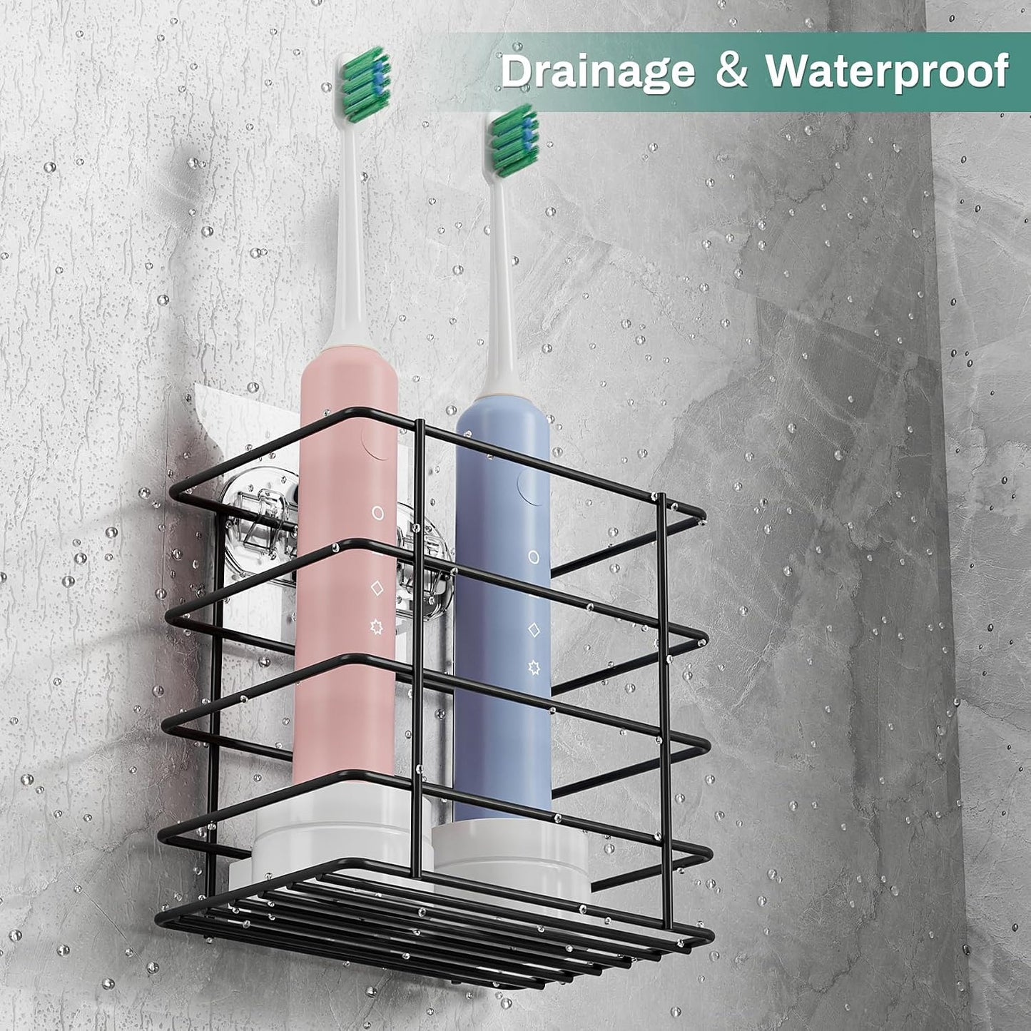 Open-Design Adhesive Shower Toothbrush Holder Wall Mounted with Drainage | Hanging Electric Tooth Brush Holder for Bathroom Wall Mirror, Metal Wall Toothpaste Storage Organizer for RV Camper, Black