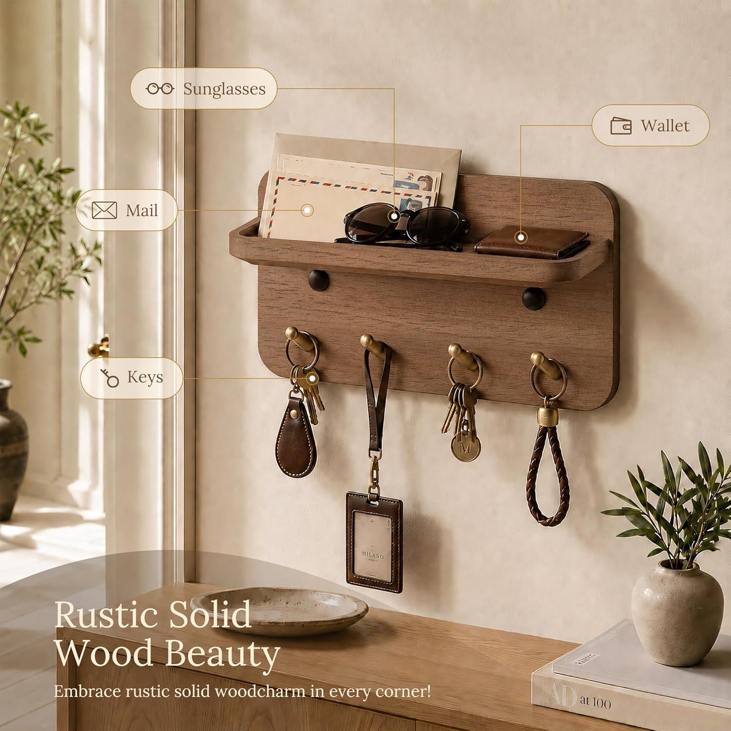 Key Holder Wall Mount, Solid Wood Key Holder for Wall with 4 Brass Hooks & Hidden Magnets, 15° Incline Hooks & Grooved Design to Prevent Slipping, Vintage Brown Key Hanger