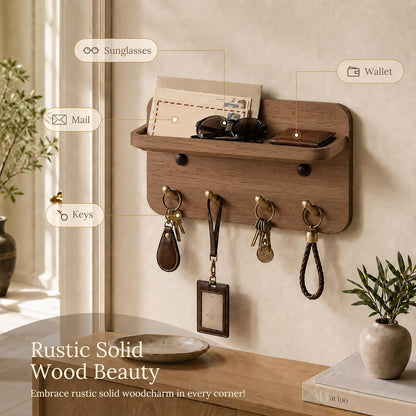 Key Holder Wall Mount, Solid Wood Key Holder for Wall with 4 Brass Hooks & Hidden Magnets, 15° Incline Hooks & Grooved Design to Prevent Slipping, Vintage Brown Key Hanger