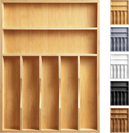 Expandable Bamboo Kitchen Drawer Organizer for Cutlery and Utensils, Adjustable Bamboo Wood Cutlery Tray in Drawer for Flatware and Silverware in Kitchen, (Natural)