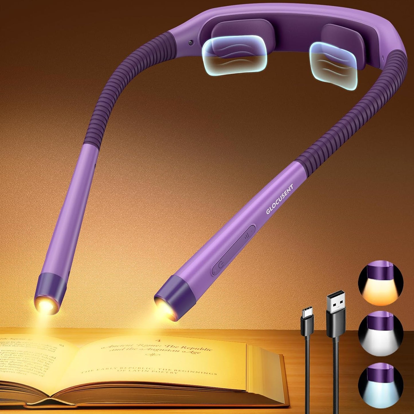 Glocusent Neck Light with Timer, 100 Hours Book Light for Bedtime Reading | Neck Reading Light, 3-Color, 5 Brightness, Bendable, Ergonomic, 1600mAh, Rechargeable, Eye Care, Sleep Aid, Travel Lock, Gift