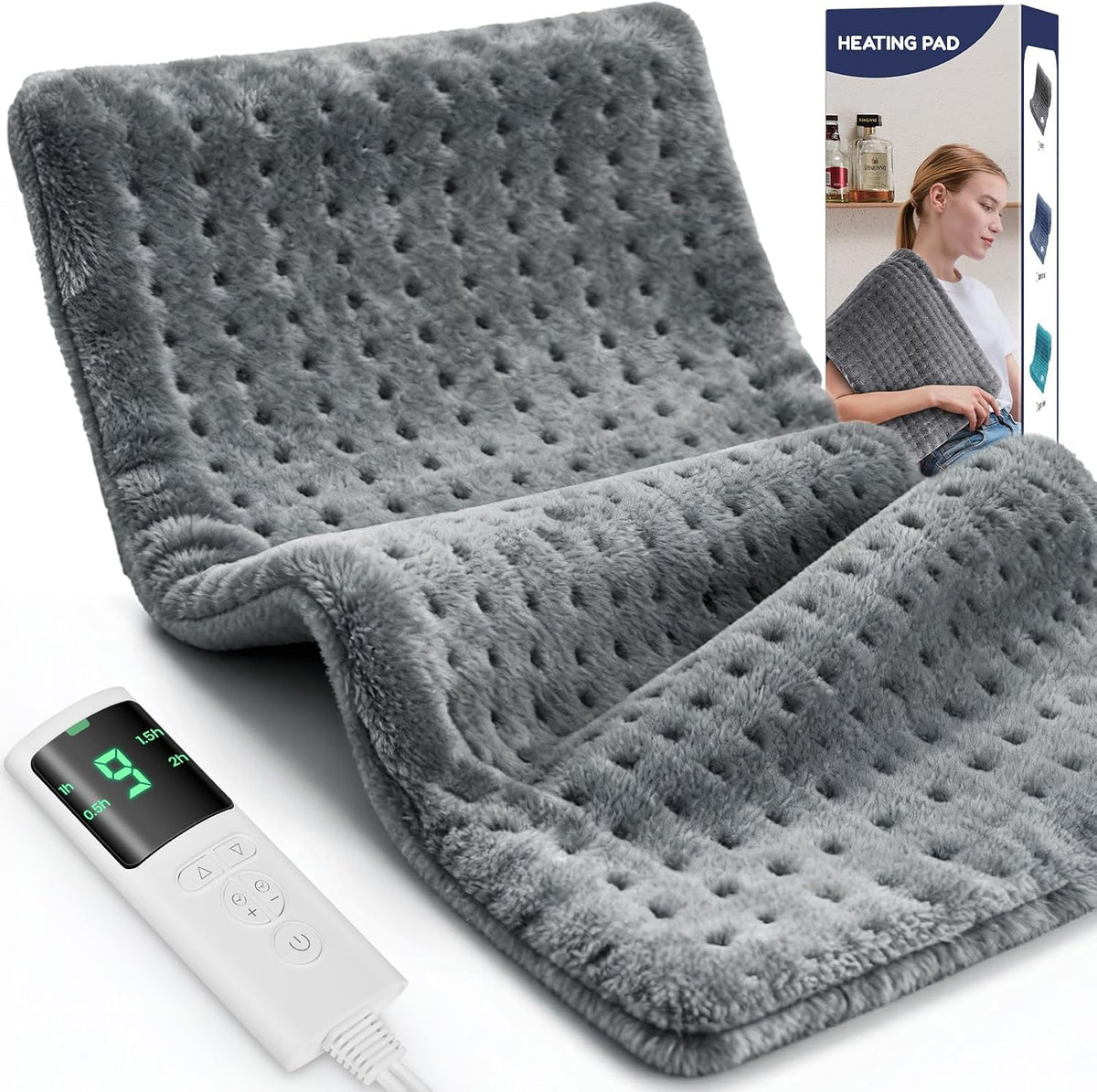 Heating Pad for Back, 17 x 33 in,9 Heat Settings,4 Timer, Gray