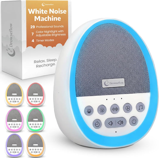 White Noise Sound Machine for Sleep, 29 Non-Looping Sleep Sounds, 7-Color Nightlight, 4 Timers, Memory, USB-C Charging, Hanging Rope for Crib/Stroller, for Baby, Kids, Adults, Travel.