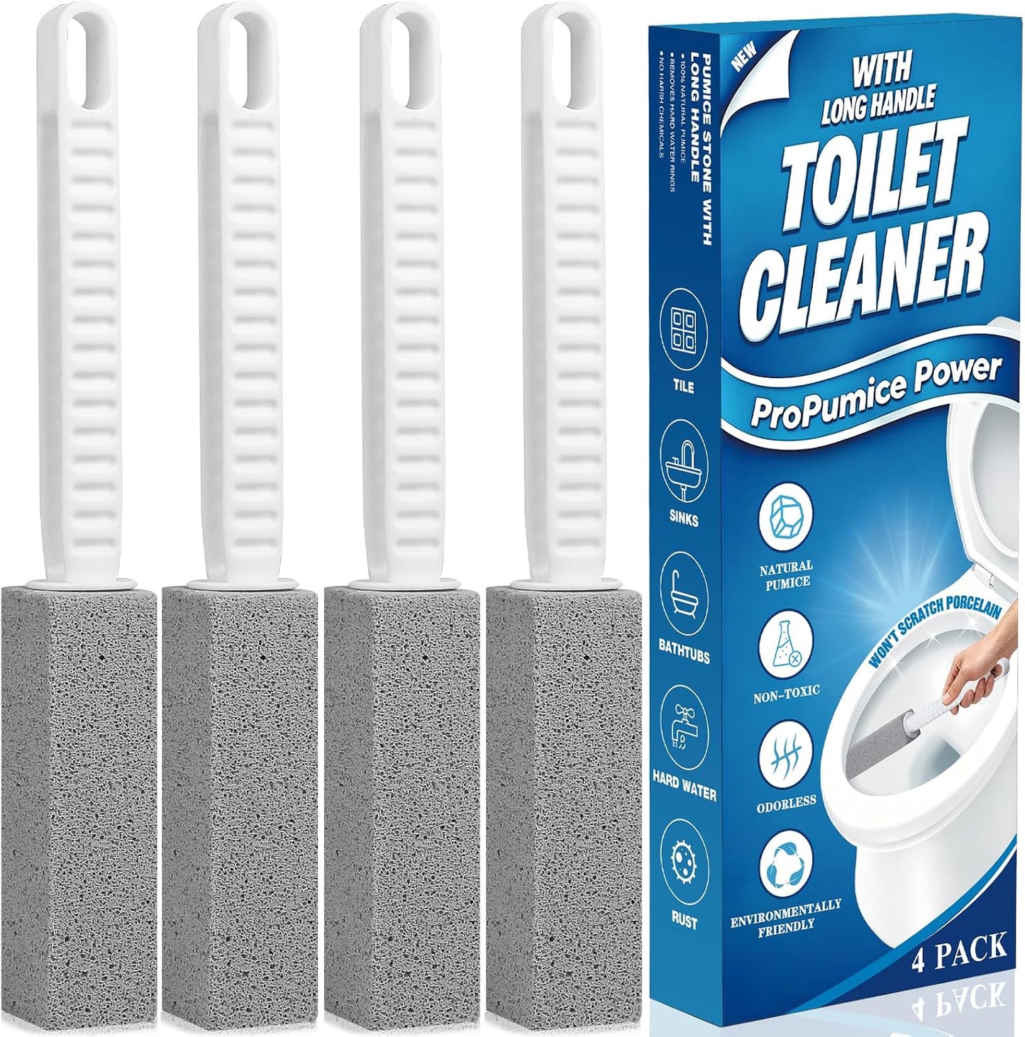 4 Pack Pumice Stone Toilet Bowl Cleaner with Long Handle | Powerfully Removes Toilet Bowl Rings, Rust & Lime, Ideal for Toilet Brush, BBQ Grills, Sink, Pool, Bathroom