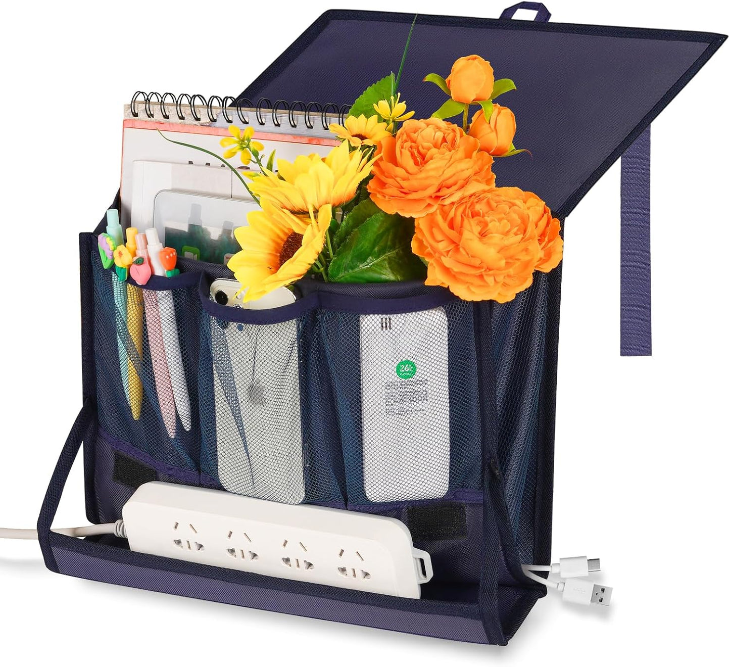 Bedside Caddy Organizer for Dorm Bed Rails with 7 Pockets, Gray | Bed Pockets Bedside Storage with Power Strip Holder & 2 Adjustable Straps for Home, College, Dorm, Hospital Bedside Organizer