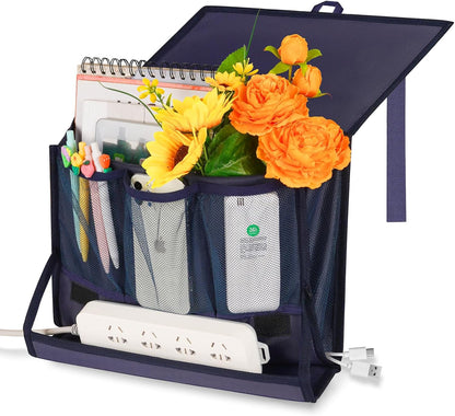 Bedside Caddy Organizer for Dorm Bed Rails with 7 Pockets, Gray | Bed Pockets Bedside Storage with Power Strip Holder & 2 Adjustable Straps for Home, College, Dorm, Hospital Bedside Organizer