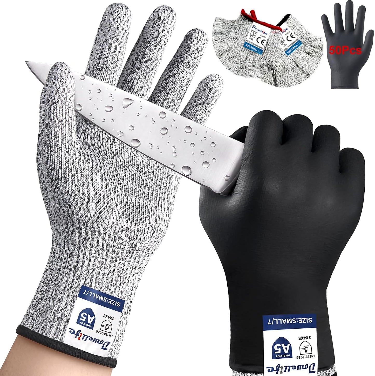 Dowellife A5 Cut Resistant – Rarely Need Wash, with Nitrile Outer Gloves, Red/Black Cuffs, 13-Gauge Flexible Kitchen Gloves for Mandoline & Oyster – 2 Pairs + 50 Outer. (Medium)