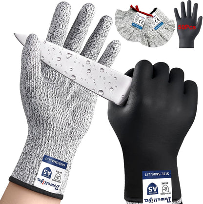 Dowellife A5 Cut Resistant – Rarely Need Wash, with Nitrile Outer Gloves, Red/Black Cuffs, 13-Gauge Flexible Kitchen Gloves for Mandoline & Oyster – 2 Pairs + 50 Outer. (Medium)