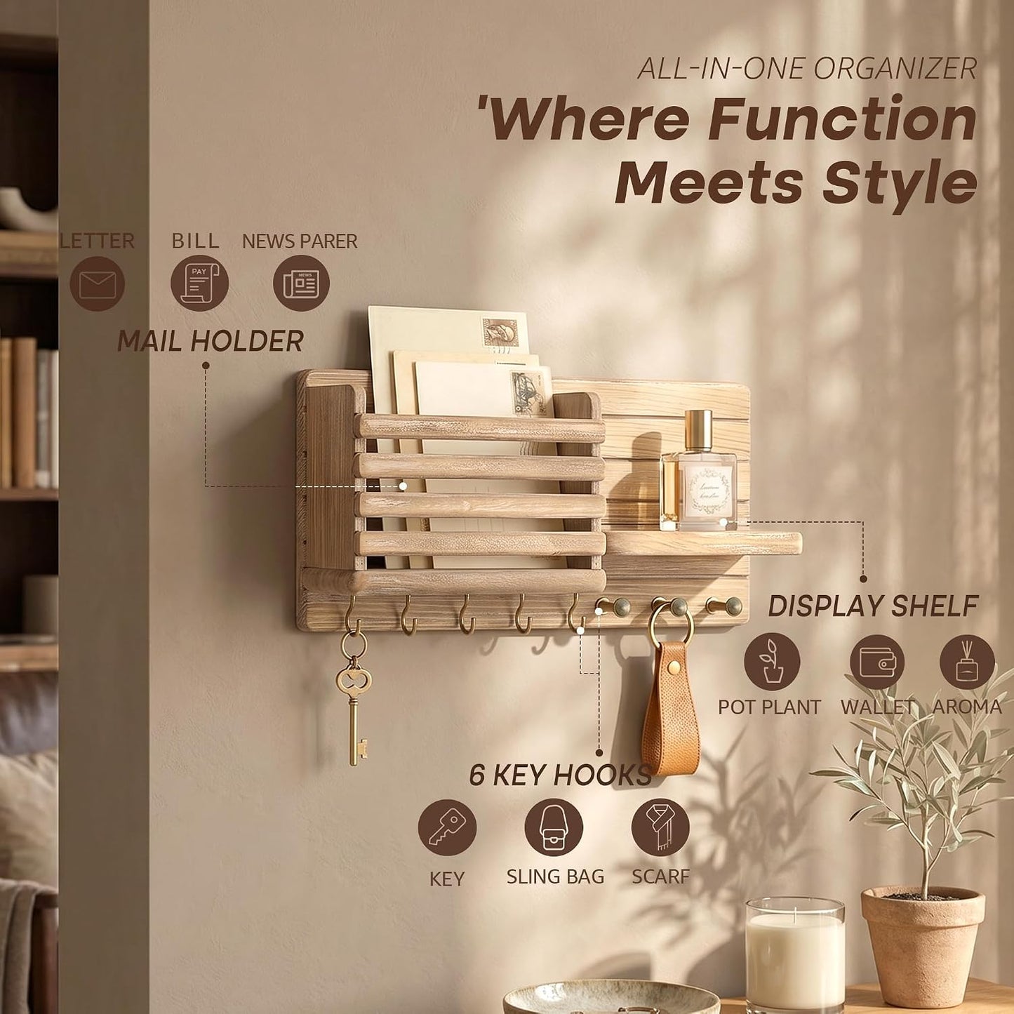 Rebee Vision Key Holder Wall Mount with Mail Slot for Entryway, Retro Brown | Pine Wood, Key Holder for Wall, 8 Hooks for Dog Leashes, Floating Shelf, Mail Sorter, New Home Essentials, Entryway Storage