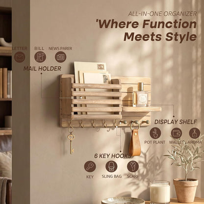 Rebee Vision Key Holder Wall Mount with Mail Slot for Entryway, Retro Brown | Pine Wood, Key Holder for Wall, 8 Hooks for Dog Leashes, Floating Shelf, Mail Sorter, New Home Essentials, Entryway Storage