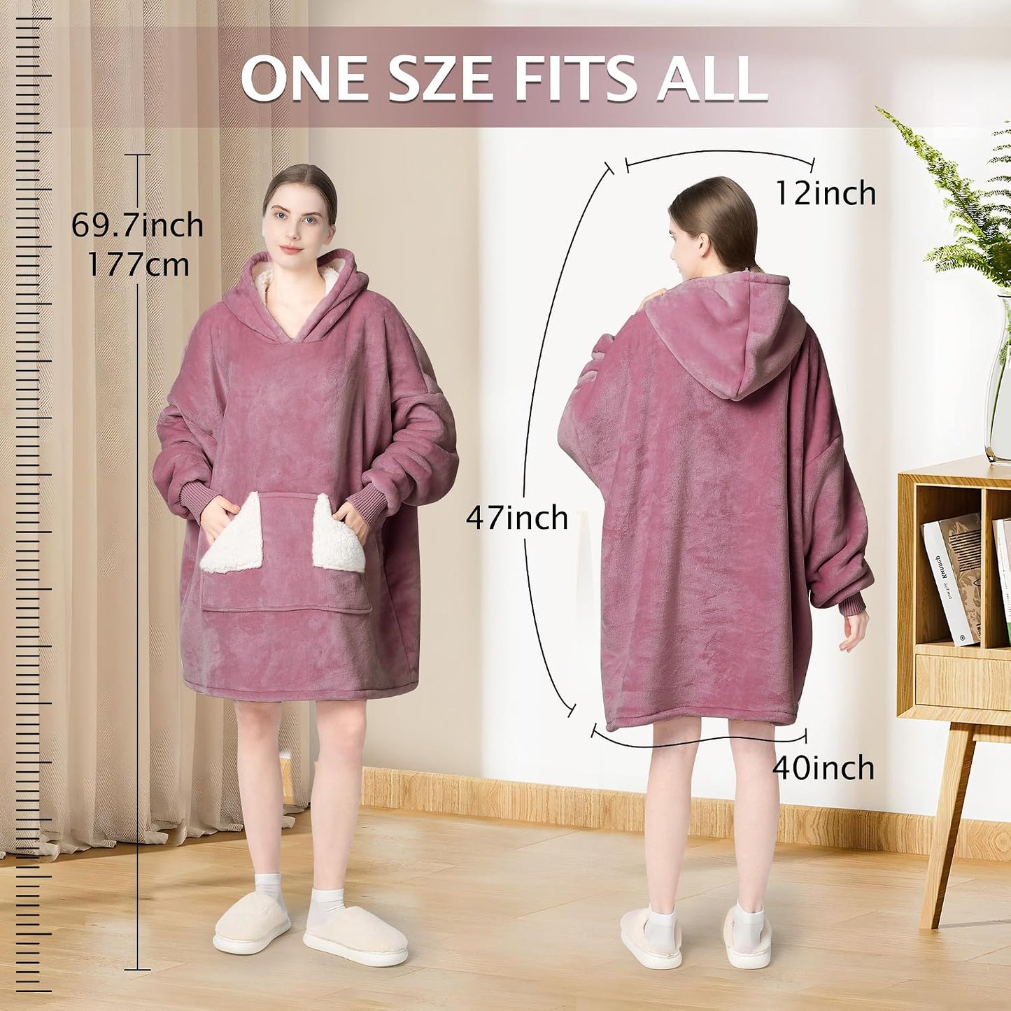 Wearable Blanket Hoodie, Oversized Sherpa Fleece Sweatshirt Blanket with Giant Hood Pocket and Sleeves for Adult, Warm & Cozy Grey Blanket Gifts for Women