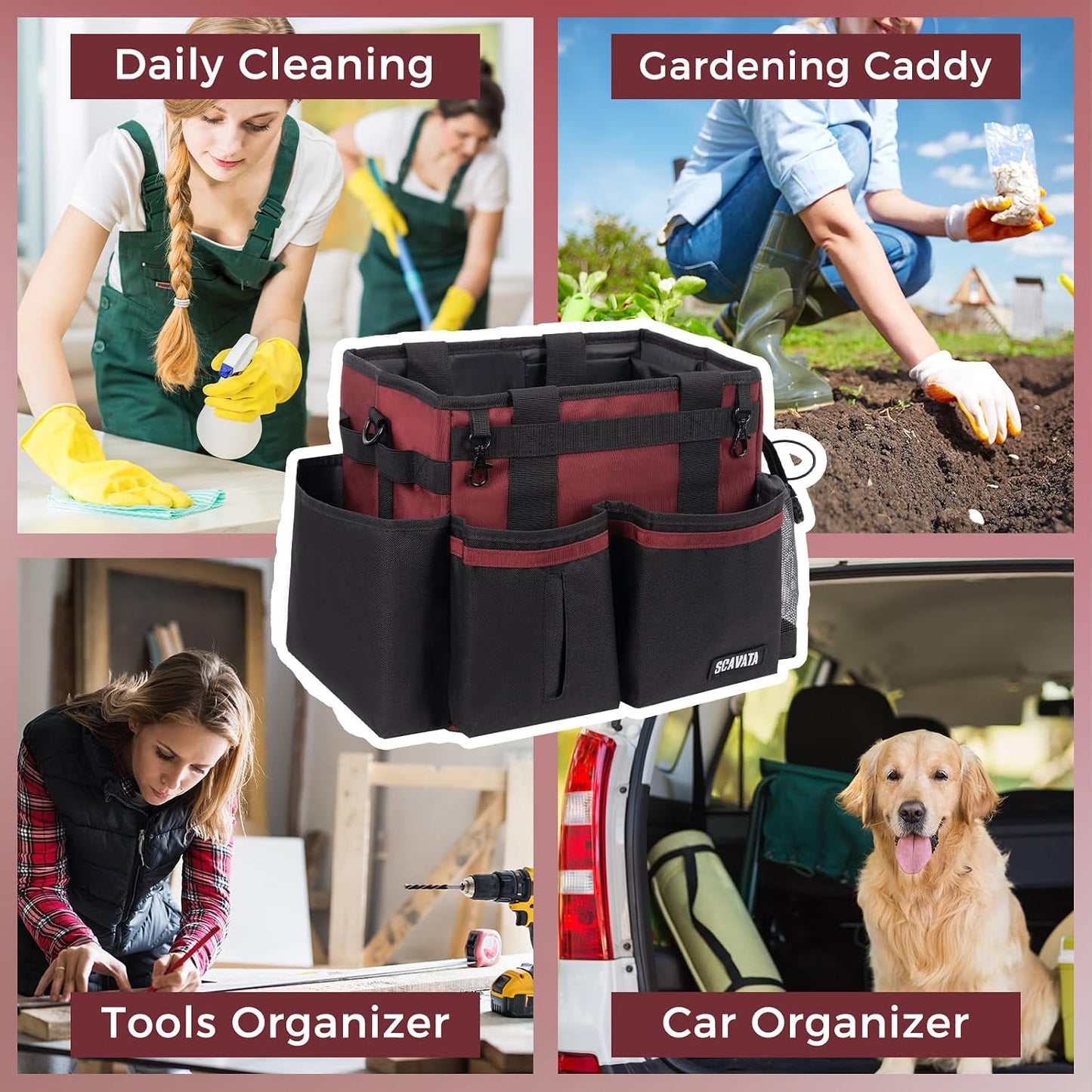SCAVATA Compact Wearable Cleaning Caddy with Handle & Shoulder Straps | Small Cleaning Supplies Organizer, Under Sink & Car Cleaning Tools Storage Bag for Housekeepers Cleaners, Black