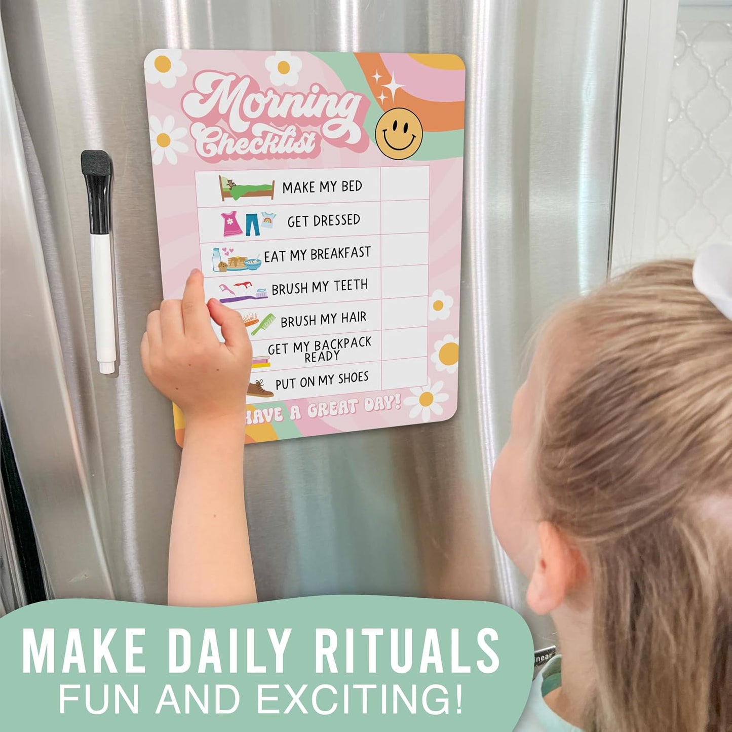 Magnetic Morning & Bedtime Routine Chart for Kids - Customizable Toddler Daily Schedule Board with Dry Erase Surface, Stickers & Marker, Build Habits with Visual Checklists, Boho Theme
