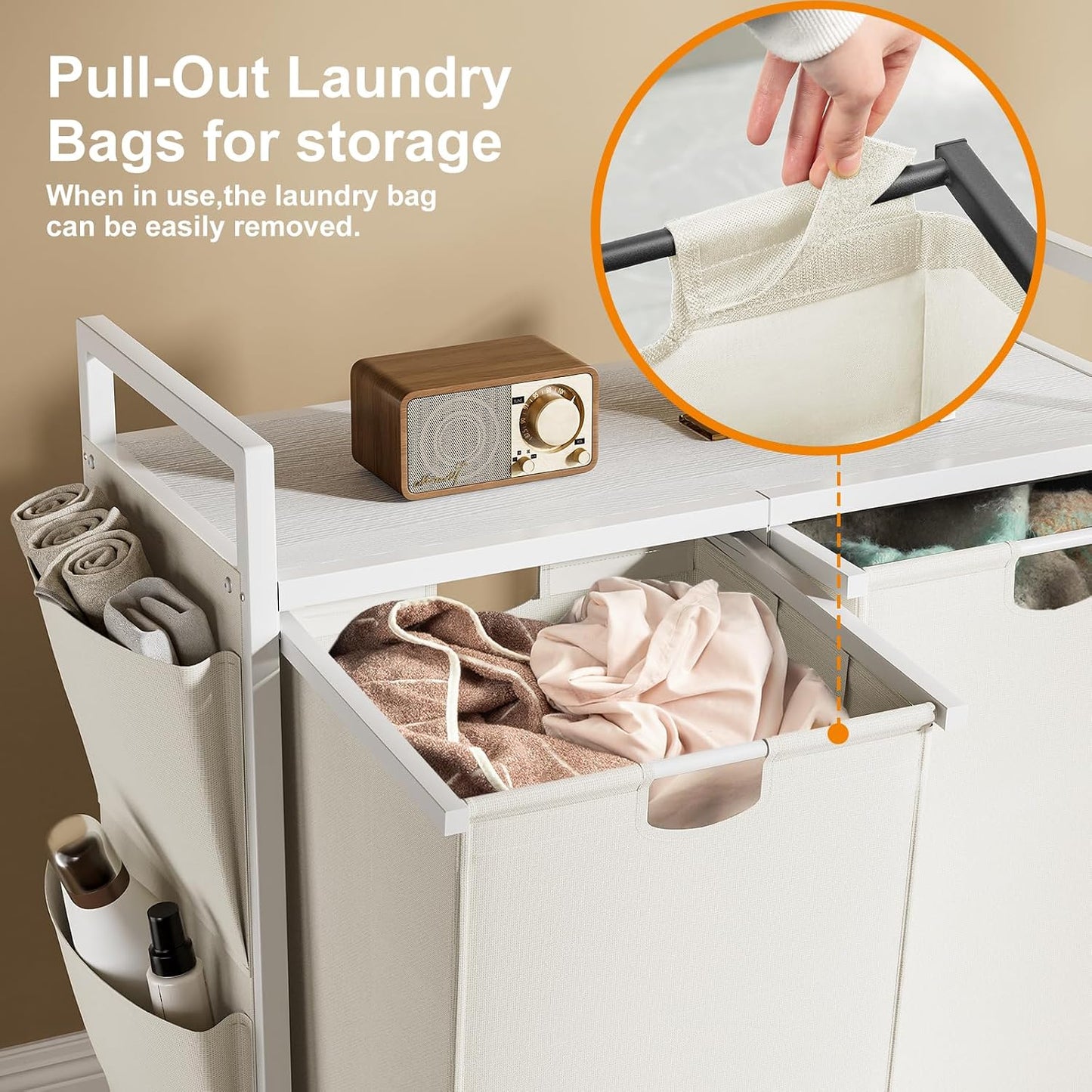 WOWLIVE Double Laundry Hamper with Wheels, Rolling Laundry Basket Organizer | Laundry Hamper 2 section with Lid, Iron-Made Laundry Sorter with Shelf, Removable Bags, Large Clothes Storage, White
