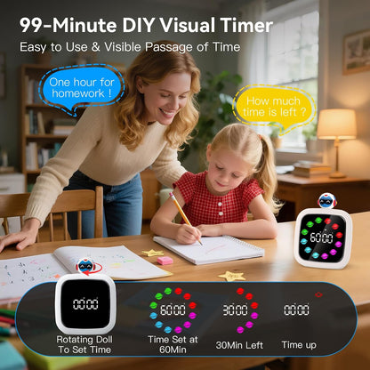 Yunbaoit Digital Visual Timer for Kids, 99-Minute Countdown, Rechargeable | 19 Music Alarm, Pause Function, 9 Optional DIY Color Planet Display, Robot Doll, for Study, Homeschool, Kitchen
