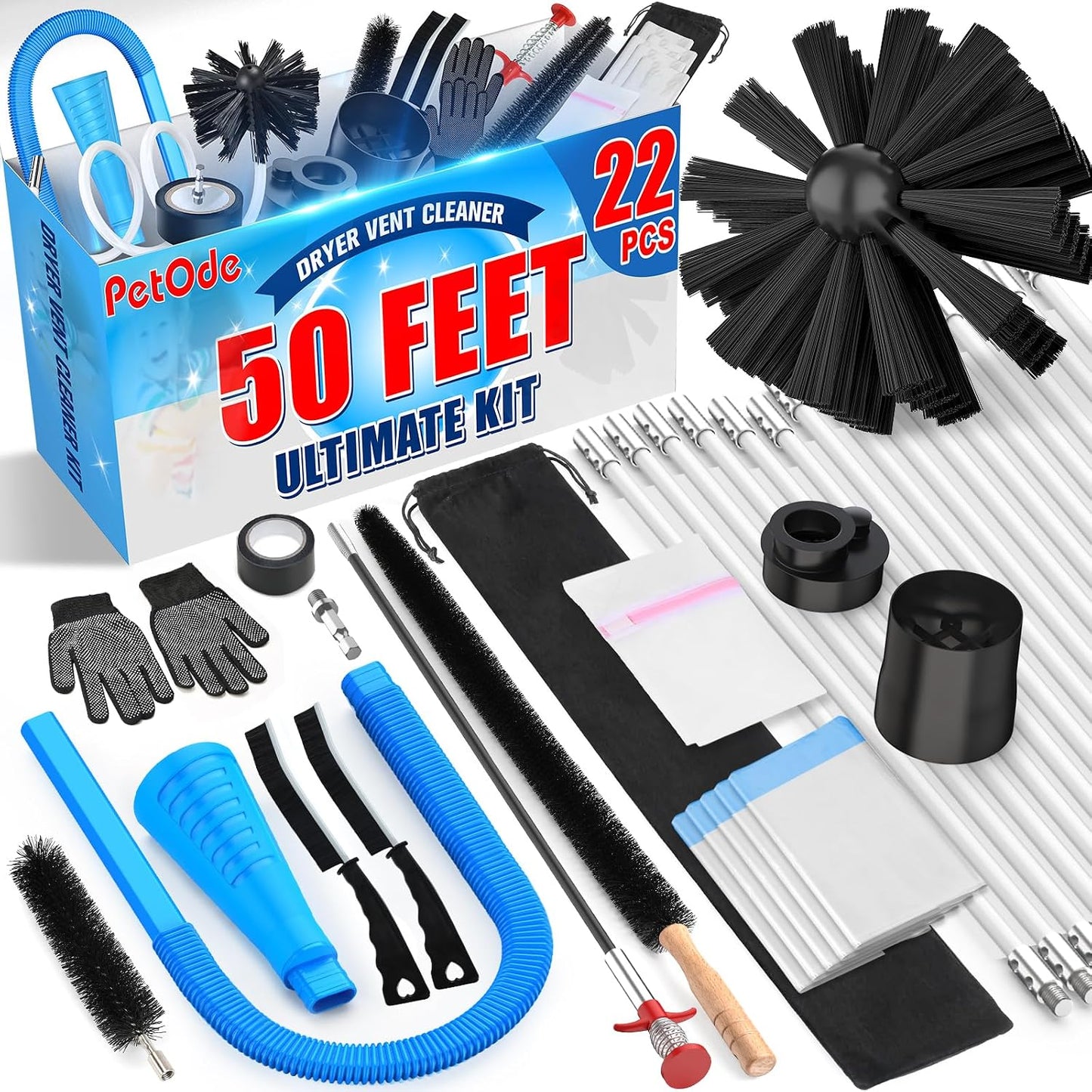 PetOde 22-piece 40-Feet Dryer Vent Cleaner Kit, Dryer Vent Cleaning Kit Lint Remover with Dryer Vent Brush, Vacuum Hose Attachment Cleaning Tools, Flexible Lint Trap Brush, Vacuum & Dryer Adapters | Omnidirectional Blue Dryer Lint Vacuum Attachment &