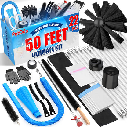 PetOde 22-piece 40-Feet Dryer Vent Cleaner Kit, Dryer Vent Cleaning Kit Lint Remover with Dryer Vent Brush, Vacuum Hose Attachment Cleaning Tools, Flexible Lint Trap Brush, Vacuum & Dryer Adapters | Omnidirectional Blue Dryer Lint Vacuum Attachment &