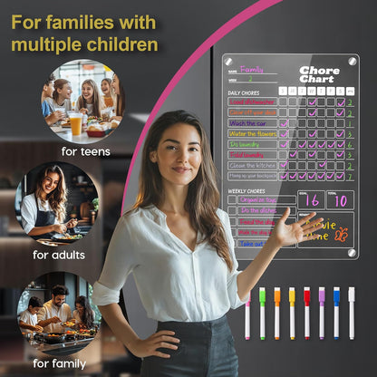 2 Pack Acrylic Magnetic Chore Chart for Kids & Adults on Fridge | 12"x8" Erasable Chore & Reward Board for Kids & Teens - Includes 8 Markers & 1 Towel, Transparent Erasable Checklist, White