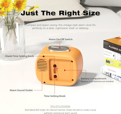 AYRELY® 4.5" Loud Analog Alarm Clock for Heavy Sleepers, 100 dB Alarm Sound | Mechanical Bell, Silent Quartz Desk Clock and Table Clock with 10-Second Night Light, Luminous Hands for Bedroom and Bedside