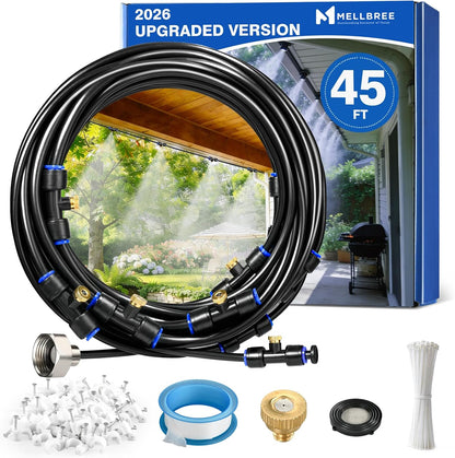 Mellbree Misters for Outside Patio 45FT/14M, Pre-Assembled Misting Cooling System with 12 Brass Nozzles & 3/4" Adapter, Outdoor Mister for Patio, Garden, Greenhouse, Pavilion, Dog House, Chicken Coop