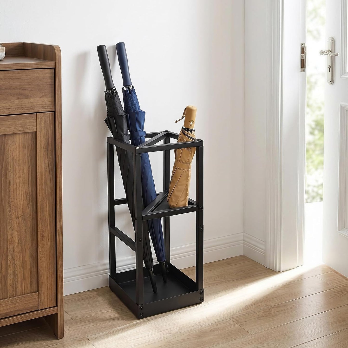Umbrella Stand for Entryway Metal Geometric Freestanding Umbrella Holder or Cane Holder with Shelf for Small Umbrellas and Bottom Drip Tray, Black