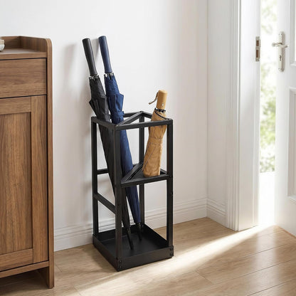 Umbrella Stand for Entryway Metal Geometric Freestanding Umbrella Holder or Cane Holder with Shelf for Small Umbrellas and Bottom Drip Tray, Black