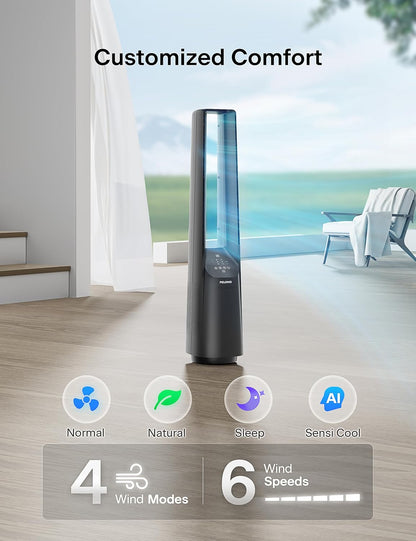 PELONIS 40" 90° Oscillation Bladeless Fan for Bedroom with Remote, White | Bladeless Cooling Tower Fan with 6 Speeds, 4 Modes, 26 ft/s, Brushless DC Motor, Quiet 22dB, 7-Hr Timer for Home, Office Use