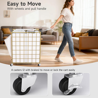 90L Laundry Basket with Wheels, Large Capacity Laundry Hamper with Removable Liner Bags, Heavy Duty Laundry Sorter with Solid Wood Lid & Leather Handles, Grey