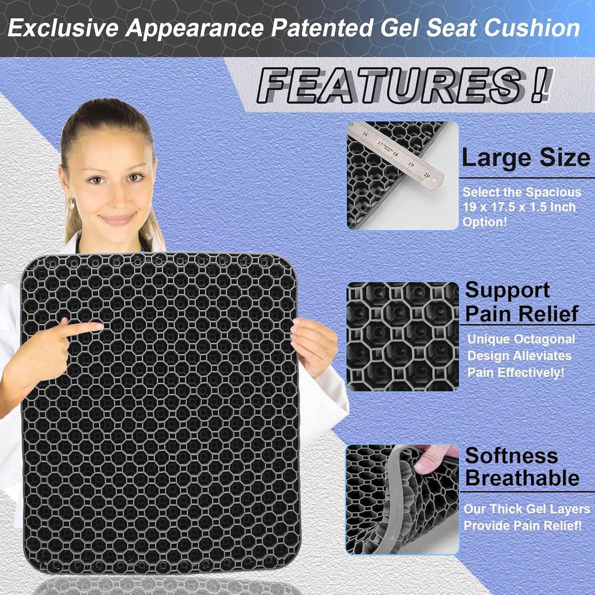Thicken 19.7in Seat Cushion, Gel Seat Cushion for Long Sitting–Office Chair, Wheelchair, Car Pad, Large Cooling Support Pad for Back Pain, Sciatica, Tailbone Pain Relief