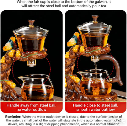 Glass Teapot Set Animal Bird Design Semi-automatic Drip Rotating Bowl with Infuser Lazy Kungfu Tea Pot Set (teapot)