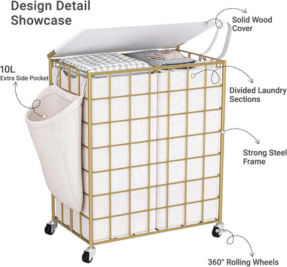 90L Laundry Basket with Wheels, Large Capacity Laundry Hamper with Removable Liner Bags, Heavy Duty Laundry Sorter with Solid Wood Lid & Leather Handles, Grey