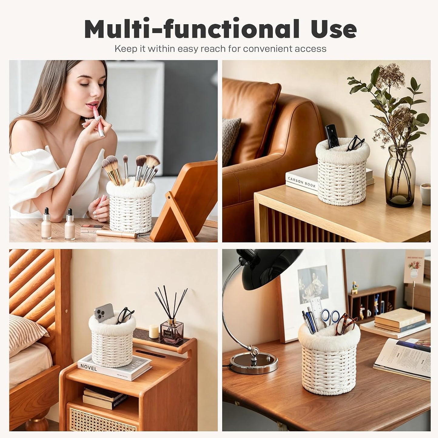 Glasses Holder, 2 Compartment Plush Lined Eyeglass Holder Paper Rope Eye-glasses Storage Organizer for Nightstand