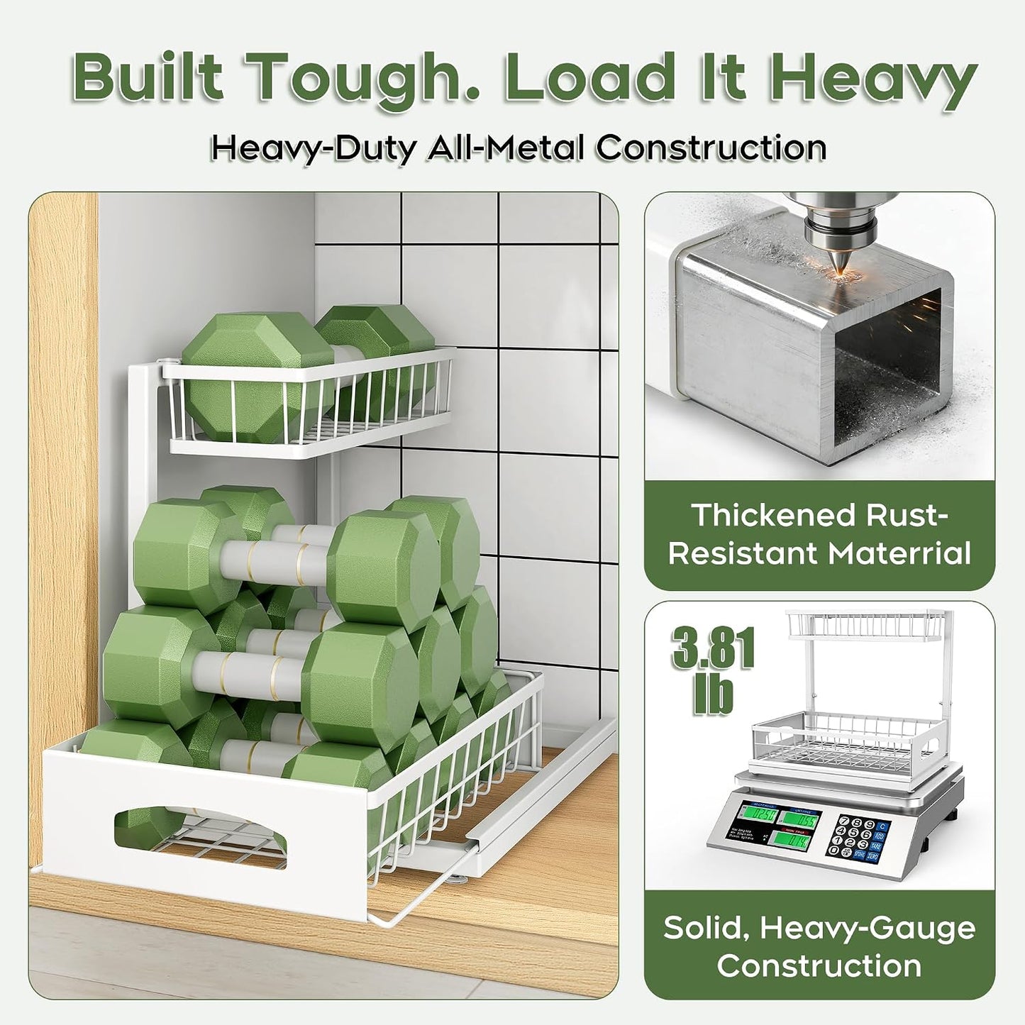 Under Sink Organizer, 2-Pack L-Shaped Metal Pull-Out Drawers for Kitchen | Cabinet Organizer Height Adjustable Heavy Duty Metal 2-Tier Storage Fits Beside Common Pipes for Bathroom Pantry