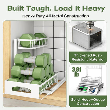 Under Sink Organizer, 2-Pack L-Shaped Metal Pull-Out Drawers for Kitchen | Cabinet Organizer Height Adjustable Heavy Duty Metal 2-Tier Storage Fits Beside Common Pipes for Bathroom Pantry