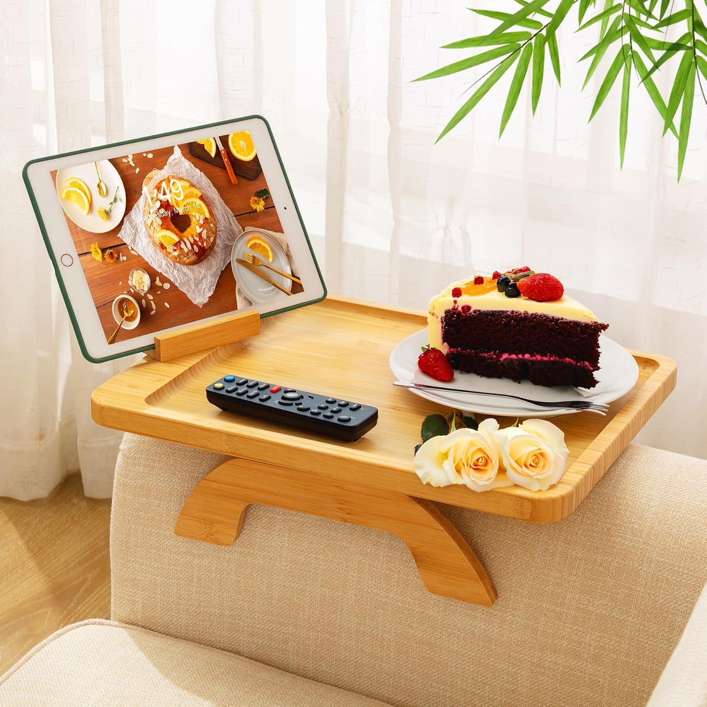 Couch Arm Tray,Bamboo Sofa Clip on Side Table,Foldable Couch Armrest Table with 360°Rotating Phone Holder,Anti Slip Food Trays for Eating/Drinks/Snacks/Remotes 15.35" x 9.85"