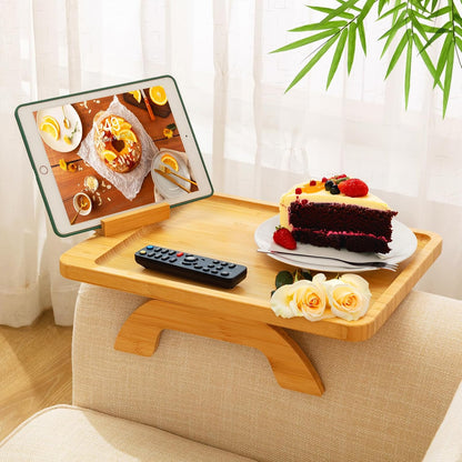 Couch Arm Tray,Bamboo Sofa Clip on Side Table,Foldable Couch Armrest Table with 360°Rotating Phone Holder,Anti Slip Food Trays for Eating/Drinks/Snacks/Remotes 15.35" x 9.85"