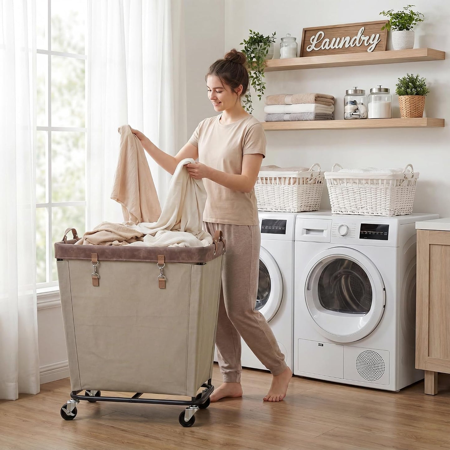 StorageWorks 160L Laundry Basket with Wheels, Rolling Hampers for Clothing | Beige Laundry Basket with Wheels, Metal Frame & Handles, Rolling Hamper for Bedroom, Bathroom, Dorm, Hotel