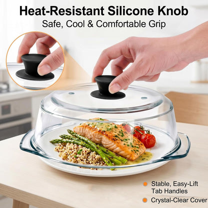 Glass Microwave Splatter Cover for Food,Plate Guard Lid with Ceramic Screw,Plate Splatter Guard Lid with Vent Holes & Easy-Grip Handle，BPA Free, Dishwasher Safe（10in ）