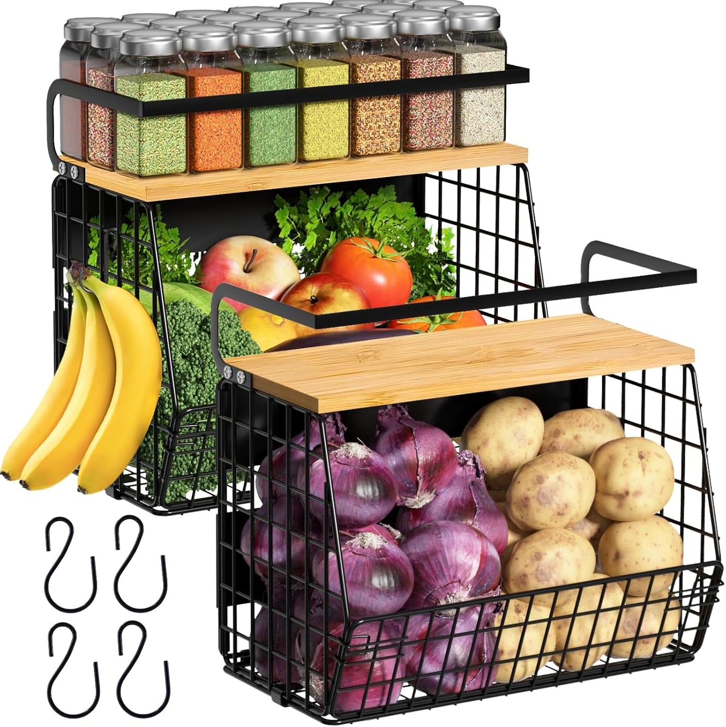 Magnetic Shelf for Fridge with Wood Lid, Fruit Potato and Onion Storage Bins, Pantry Organizers & Storage, Large Container Magnetic Spice Rack for Refrigerator, Kitchen Counter, Cabinet | Strong magnet holds 50lbs, ventilated bin for produce, versatile