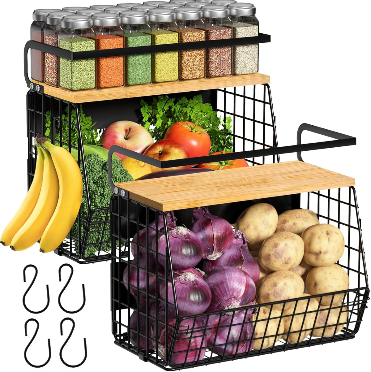 Ofiray-home Magnetic Shelf for Fridge with Wood Lid, Fruit Potato and Onion Storage Bins, Pantry Organizers & Storage, Large Container Magnetic Spice Rack for Refrigerator, Kitchen Counter, Cabinet