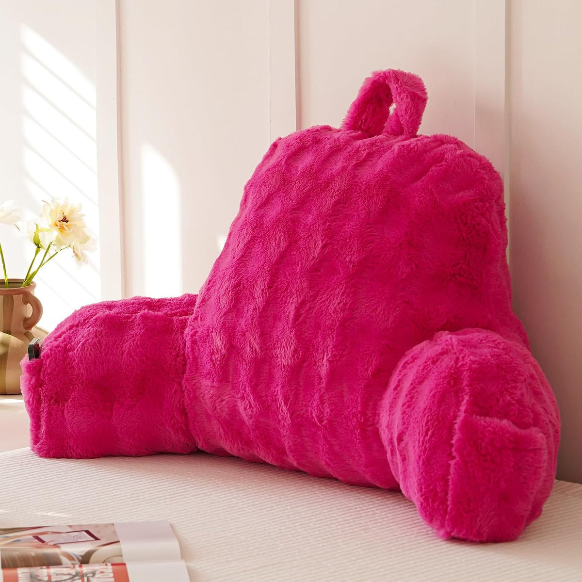 Faux Fur Reading Pillow for Sitting in Bed, Large Backrest Bed Pillow with Arms, Back Support Pillow for Lounging Bedrest, Beige