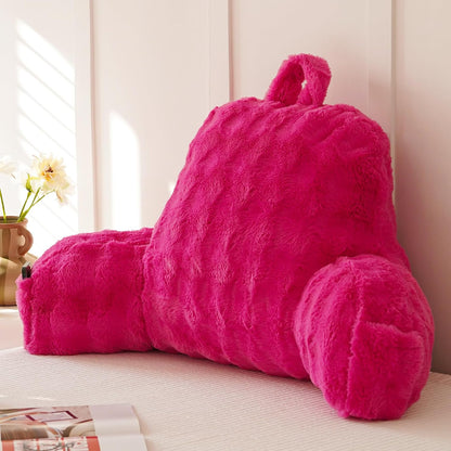 Faux Fur Reading Pillow for Sitting in Bed, Large Backrest Bed Pillow with Arms, Back Support Pillow for Lounging Bedrest, Beige
