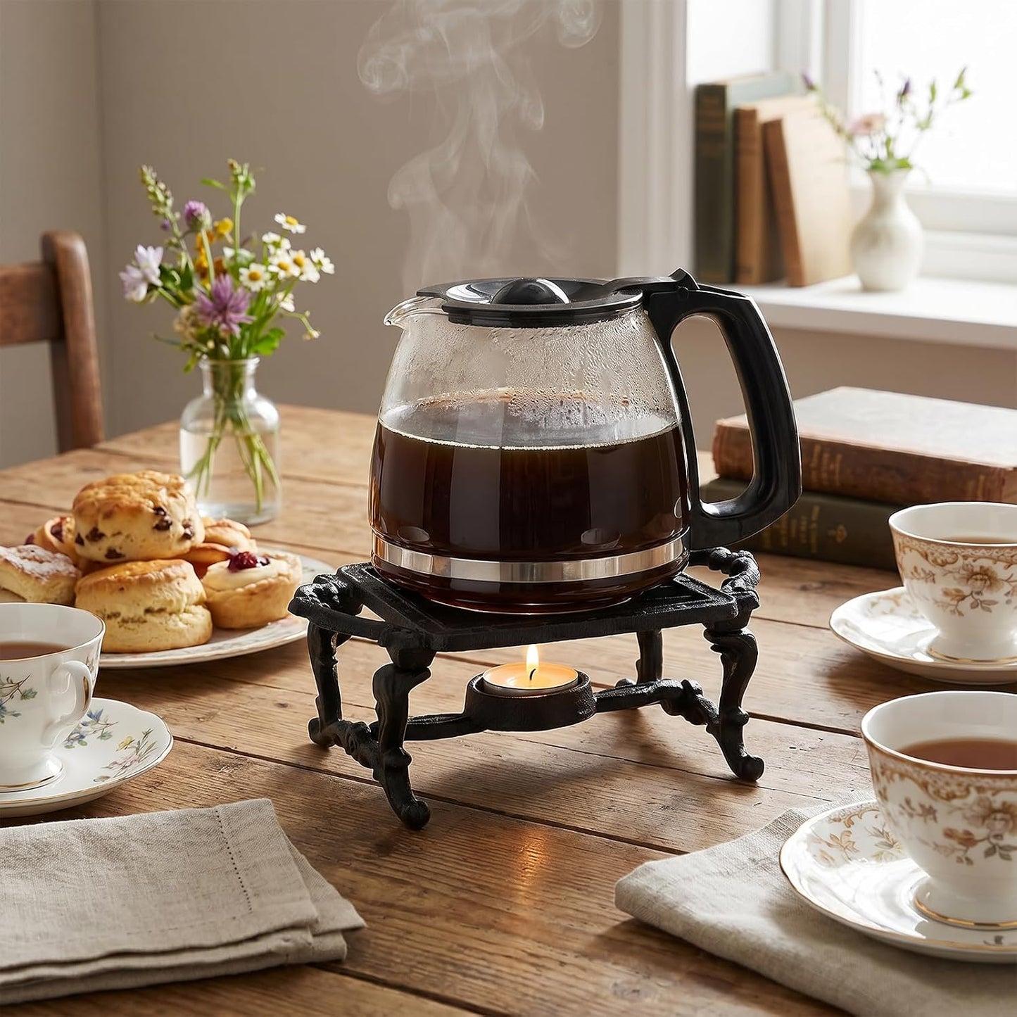 Cast Iron Teapot Warmer | Heavy-duty Teapot Heater with Tealight Holder, Handle, Kettle Stand Coffee Cup Base for Heating Milk, Food, Tea, Soup
